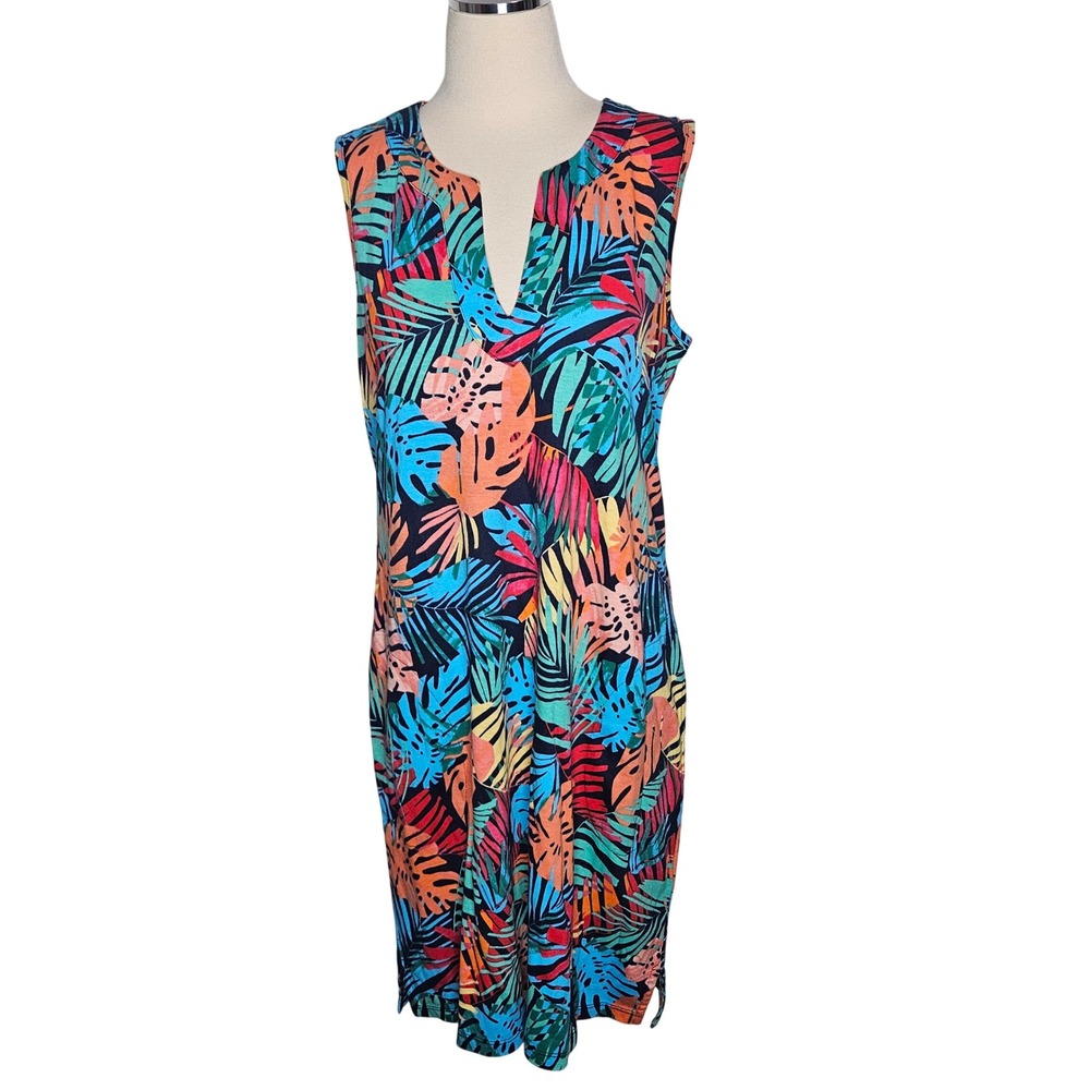 Lands End Women's Tropical Leaf Print Cotton Sleeveless V-Neck Dress M 10 12